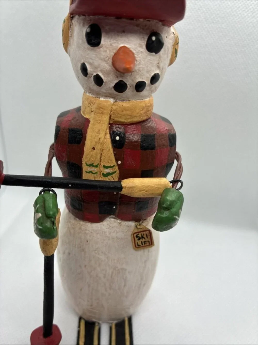 Handmade Wooden Snowman Skier Figurine Rustic Winter Christmas Decor Folk Art
